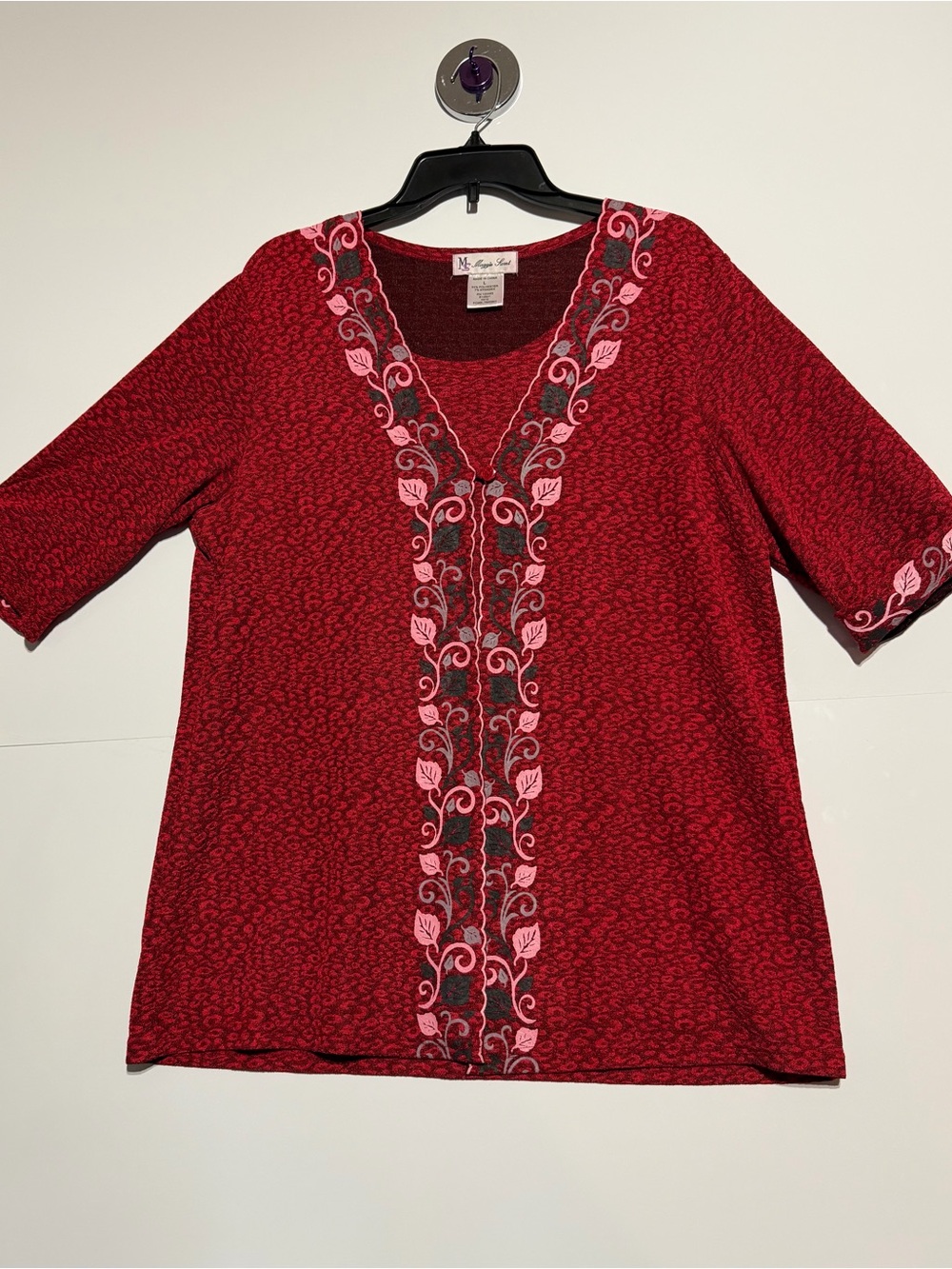 Women’s Red Embroidered V-Neck Tunic with Pink Accents